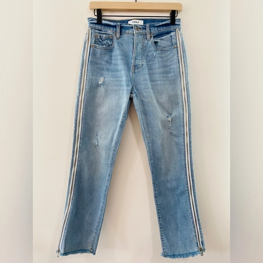 PISTOLA Charlie Straight Leg Zip Jean in “Utopia” w/ Frayed Raw Hems, Size 26 - Picture 4 of 10